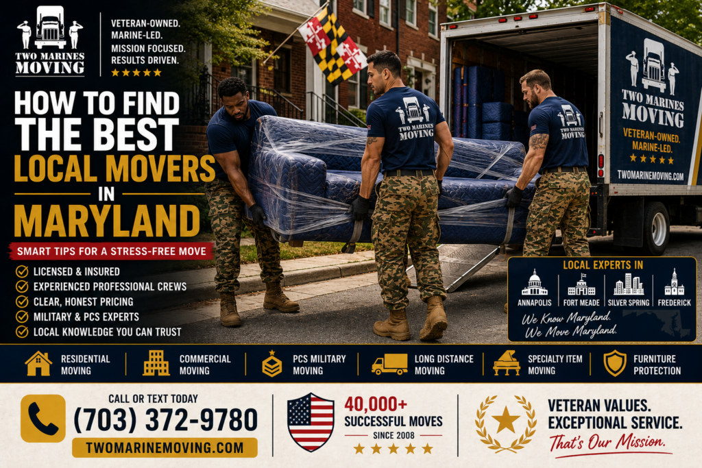 Two Marines Moving crew carefully transporting protected furniture at a Virginia home while showcasing trusted veteran-owned moving services.