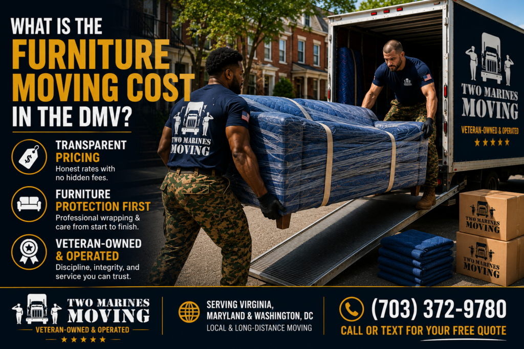 Two Marines Moving crew carrying a heavy wrapped sofa while demonstrating furniture moving services in Virginia, Maryland, and DC.