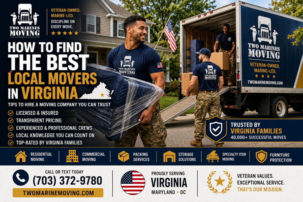 Two Marines Moving crew carefully transporting protected furniture while serving Virginia homeowners.