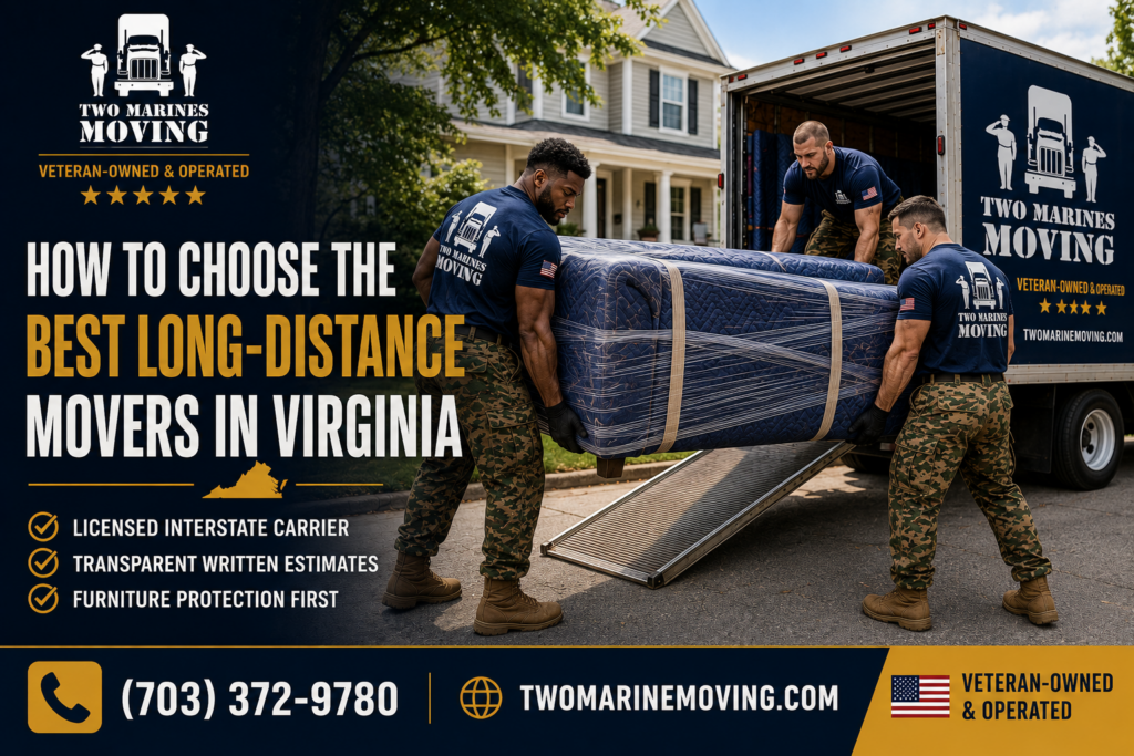 Two Marines Moving crew carrying a heavily wrapped sofa during a long-distance move in Virginia.